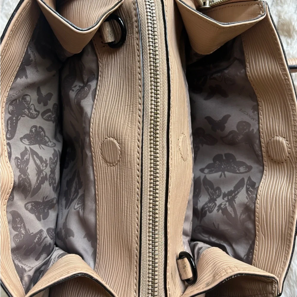 Rebecca Minkoff Beige Saffiano Leather Zip Tote Bag Wide Opening